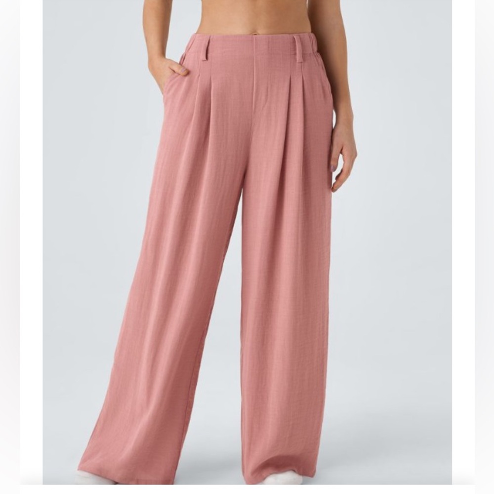 HALARA High Waisted Pocket Wide Leg Flowy Solid Palazzo Casual Linen-Feel Pants